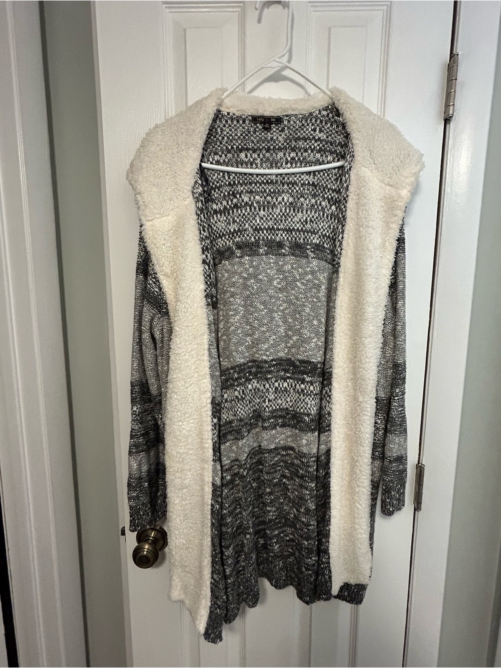 Open-Front Hooded Cardigan Sweater - Cream & Gray